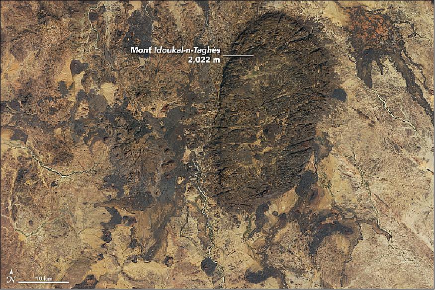Figure 2: This image shows the Bagzane Plateau, home to the highest point in Niger: Mont Idoukal-n-Taghes. The summit stands 2,022 meters above sea level (image credit: NASA Earth Observatory, image by Joshua Stevens, using Landsat data from the U.S. Geological Survey, Story by Kasha Patel)