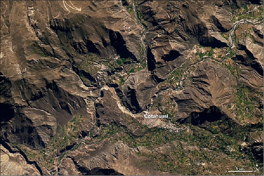 Figure 66: This image is a nadir view from OLI of the area near the town of Cotahuasi, captured on July 3, 2016 (image credit: (image credit: NASA Earth Observatory, image by Joshua Stevens using Landsat data from the USGS)