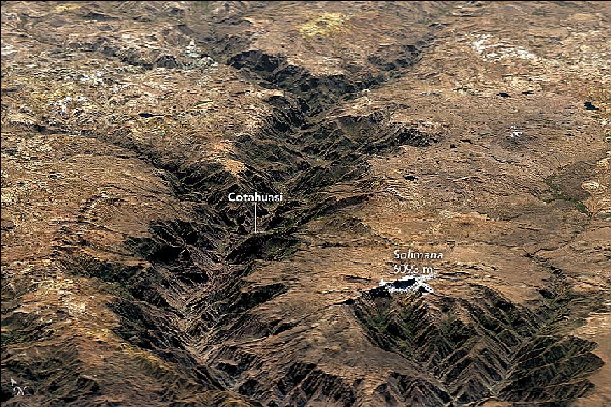 Figure 65: On July 3, 2016, OLI on Landsat-8 passed over the canyon. This image shows the Landsat-8 data draped over topographic data from NASA's SRTM (Shuttle Radar Topography Mission) of Feb. 2000 (image credit: NASA Earth Observatory, image by Joshua Stevens using Landsat data from the USGS and topographic data from SRTM, story by Adam Voiland)