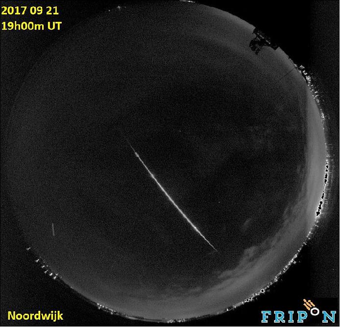 Figure 6: Fireball over ESTEC on 21 September 2017 (at 19:00 UTC). This event was also recorded by the FRIPON cameras in Brussels/Belgium and Lille/France (image credit: ESA/ESTEC)