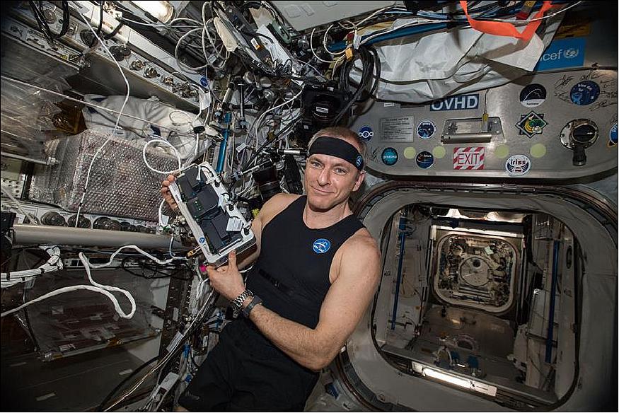 Figure 2: Canadian Space Agency astronaut David Saint-Jacques tries the Bio-Monitor, a new Canadian technology, for the first time in space. The innovative smart shirt system is designed to measure and record astronauts’ vital signs (image credit: Canadian Space Agency/NASA)