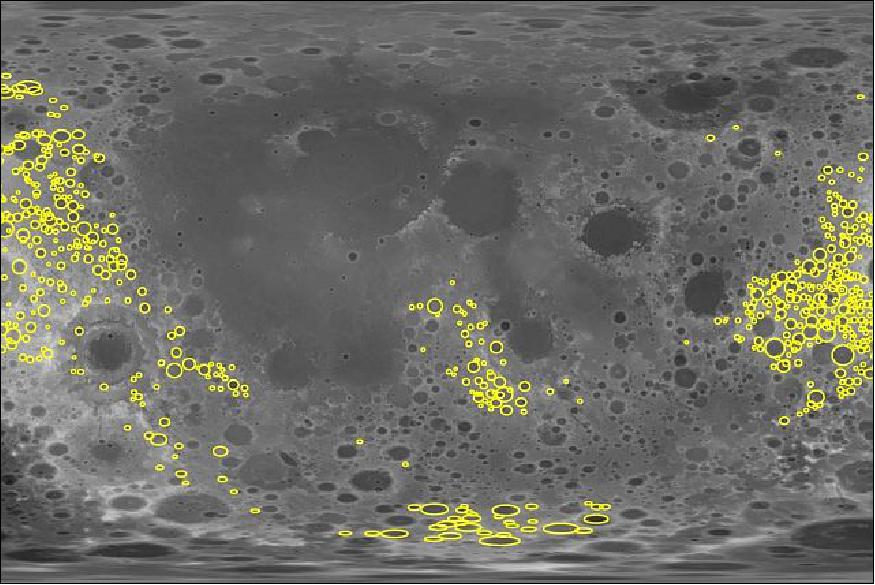 Figure 20: Data from NASA's GRAIL mission provided the researchers with the gravity signatures of around 1,200 craters (in yellow) on the far side of the Moon (image credit: MIT, NASA)