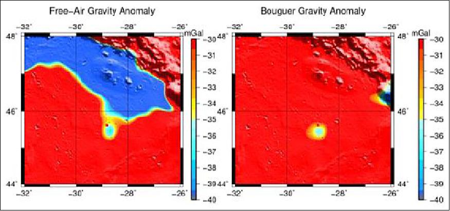 Figure 19: Local free-air (left) and Bouguer (right) gravity map for the newly found lunar pit in Sinus Iridum with overlay of topography (image credit: Study team of Purdue University)