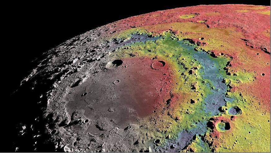 Figure 15: The moon's Orientale basin is about (930 km wide and has three distinct rings, which form a bullseye-like pattern. This view is a mosaic of images from NASA's Lunar Reconnaissance Orbiter (image credit: Ernest Wright, NASA/GSFC Scientific Visualization Studio)