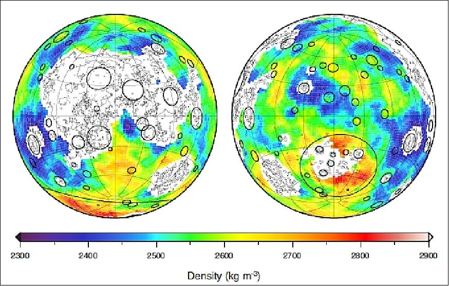 Figure 28: Density of the lunar crust obtained from GRAIL primary mapping data (image credit: GRAIL science consortium)