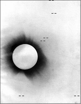 Figure 3: Negative photo of the 1919 solar eclipse. Principe Island, 29 May 1919. Marked on a negative photo of the 1919 solar eclipse are the positions of stars examined in the historic test of Einstein's theory of gravity (from Memoirs of the Royal Astronomical Society LXII, Appendix Plate 1). Enquiries about reproducing this and related totality images should be addressed to the Library of the Royal Astronomical Society, London (copyright: Royal Astronomical Society)