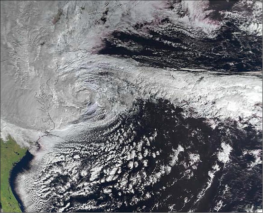 Figure 26: Hurricane Sandy captured by MetOp-A as the huge storm hit the east coast of the USA on October 29, 2012 (image credit: EUMETSAT)