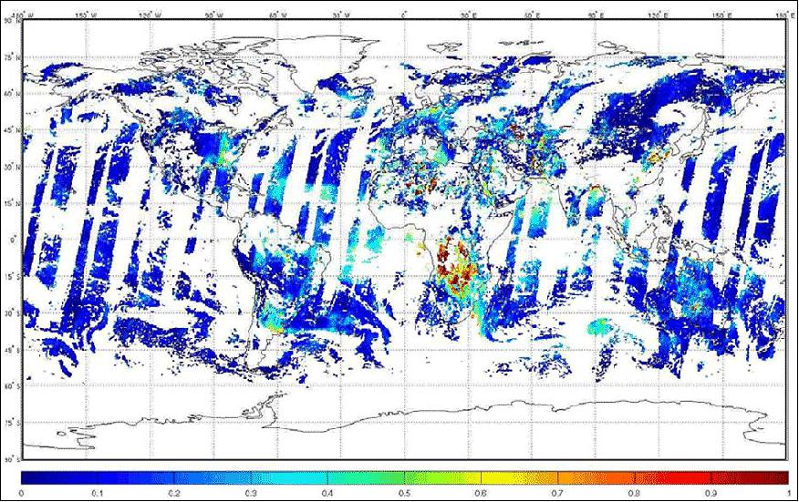 Figure 23: PMAp-derived AOD values from both MetOp-A and MetOp-B satellites, using level-1b data from GOME-2 PMD and AVHRR measurements (image credit: EUMETSAT)