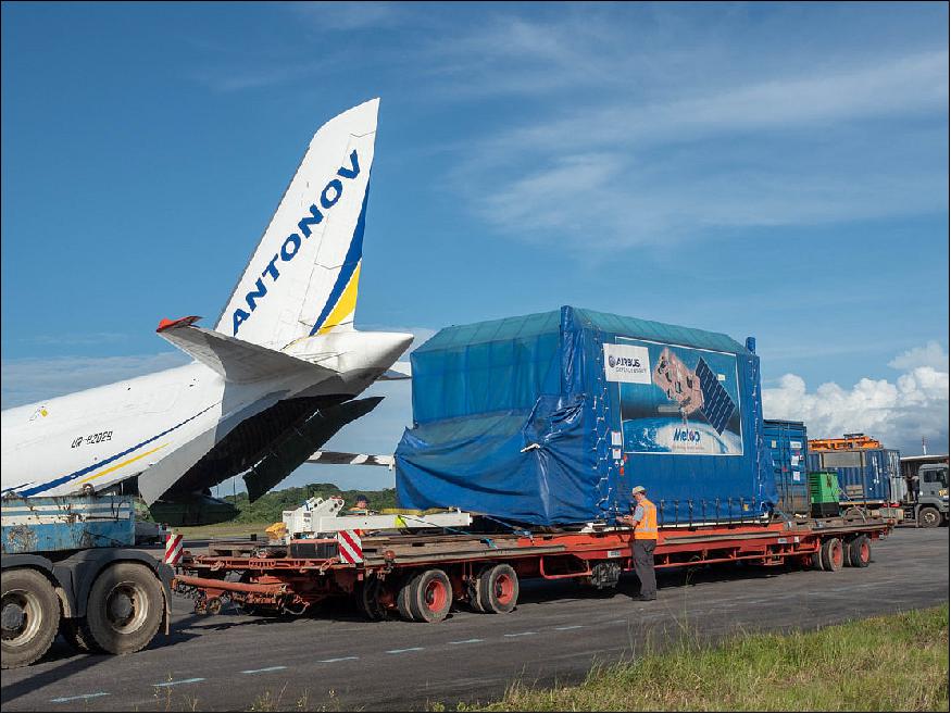Figure 12: The MetOp-C satellite is unloaded in French Guiana, where it will be prepared for liftoff later this year (image credit: ESA)