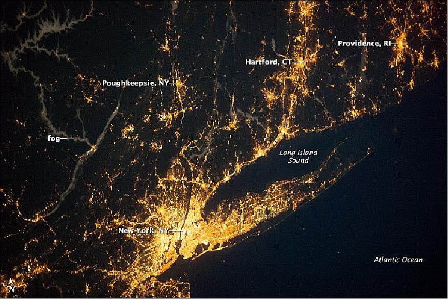 Figure 74: Fog appearing light blue-gray (image upper left) is illuminated from above by moonlight and from below by cities and towns close to river channels in this Sept. 20, 2013, astronaut photo of the Long Island Sound region (image credit: NASA)