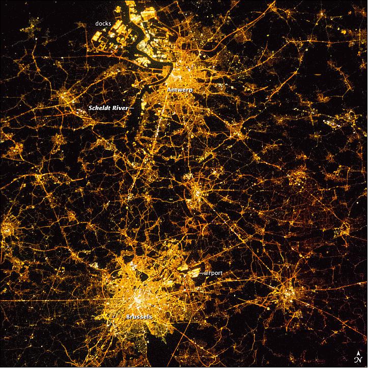 Figure 60: An astronaut on the ISS took this night photograph of two of Belgium's major metropolitan areas, Brussels and Antwerp on March 5, 2014 (image credit: NASA Earth Observatory)