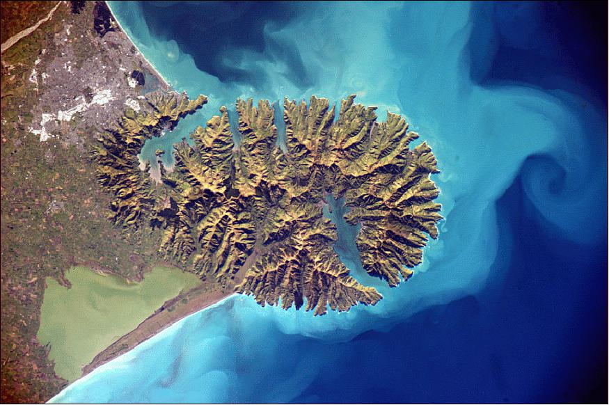Figure 57: A view of Banks Peninsula in New Zealand photographed from the International Space Station by ESA astronaut Alexander Gerst (image credit: ESA, NASA)