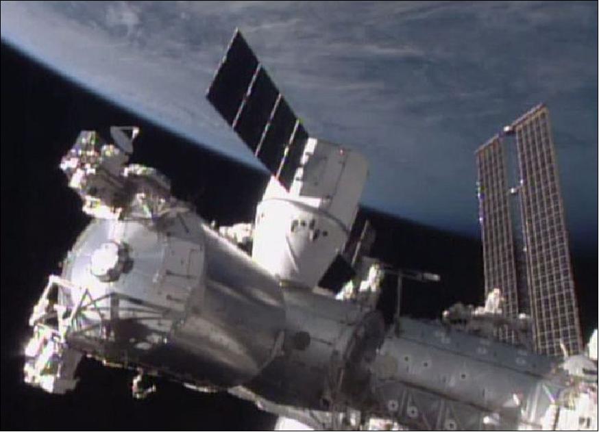 Figure 36: This image shows the US side of the ISS that was evacuated on Jan. 14, 2015, by the crew due to possible ammonia leak. The SpaceX CRS-5 Dragon is attached to the Harmony module (image credit: NASA TV)