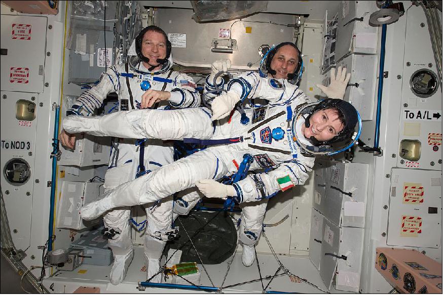Figure 17: NASA astronaut Terry Virts (left) Commander of Expedition 43 on the ISS along with crewmates Russian cosmonaut Anton Shkaplerov (center) and ESA astronaut Samantha Cristoforetti on May 6, 2015 perform a checkout of their Russian Soyuz spacesuits in preparation for the journey back to Earth (image credit: NASA)