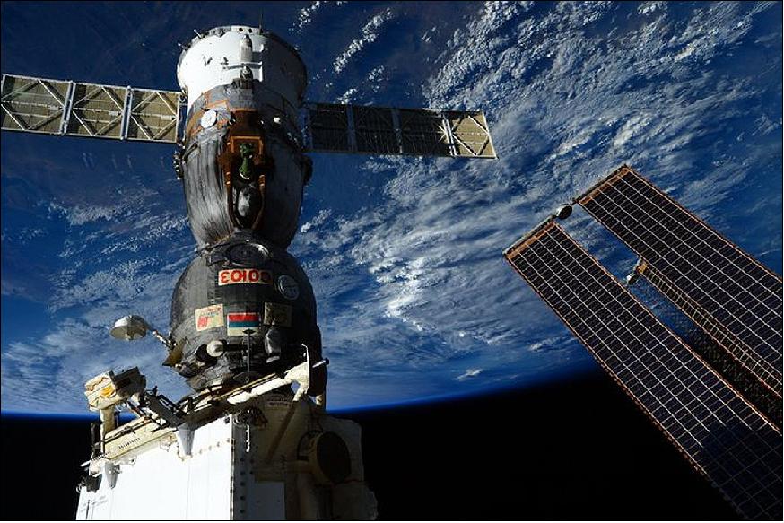 Figure 16: Snapshot, taken by Samantha of the Soyuz TMA-15M spacecraft, docked at the ISS (image credit: ESA, NASA)