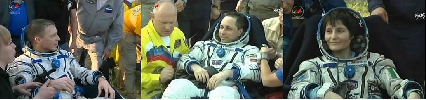 Figure 15: Expedition 43 Commander Terry Virts of NASA, Flight Engineers Anton Shkaplerov of the Russian Federal Space Agency (Roscosmos) and Samantha Cristoforetti of ESA touched down on June 11, 2015, southeast of the remote town of Dzhezkazgan in Kazakhstan (image credit: NASA TV)