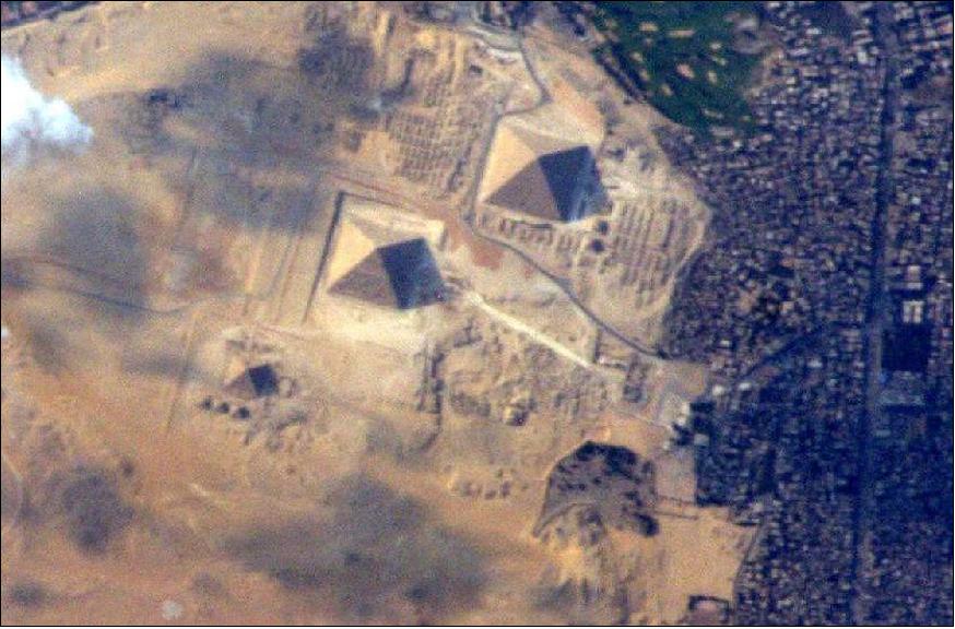 Figure 14: Snapshot of the Great Egyptian Pyramids of Giza from the Cupola of the ISS, captured by Terry Virts on June 10, 2015 (image credit: NASA, Terry Virts)