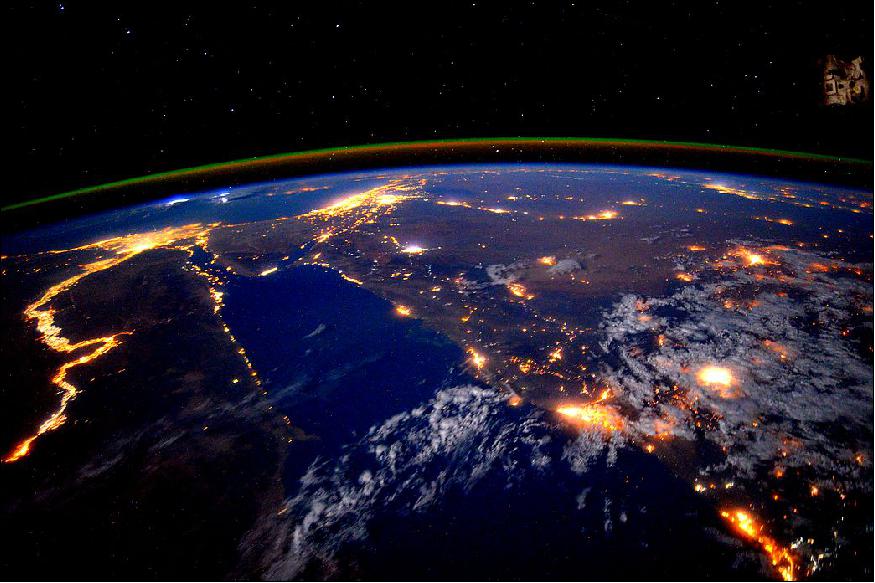 Figure 7: NASA astronaut Scott Kelly captured this nighttime image on Sept. 22, 2015 of the Persian Gulf and Nile River, which empties into the Mediterranean amid the bright lights of Cairo the Nile Delta and many cities and urban areas (population centers) in the Near East (image credit: NASA/JSC)