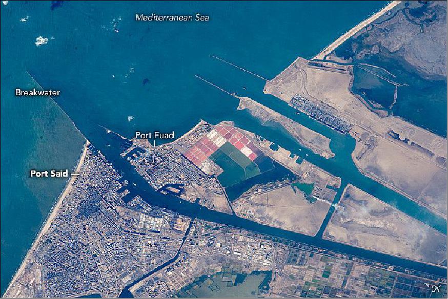 Figure 4: This astronaut photo of Port Said and Port Fuad, taken by a member of the Expedition 43 crew, was acquired on June 10, 2015, with a Nikon D4 digital camera using an 1150 mm lens, and is provided by the ISS Crew Earth Observations Facility and the Earth Science and Remote Sensing Unit, Johnson Space Center (image credit: NASA Earth Observatory)