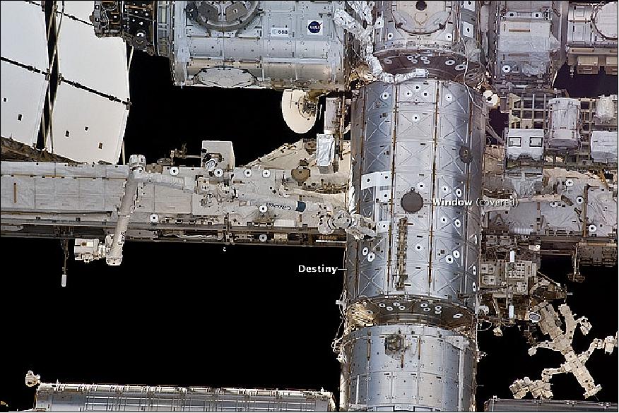 Figure 87: Photo of the ISS Destiny Laboratory taken on Feb. 20, 2010 showing the location of the WORF window (image credit: NASA)