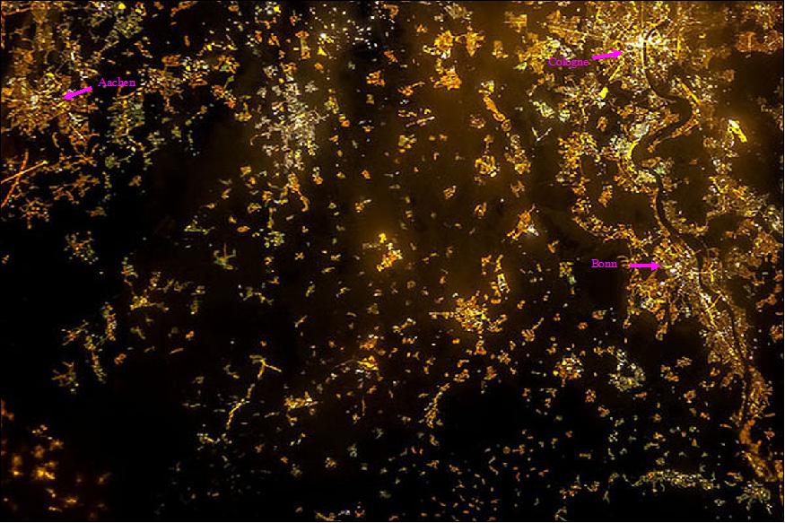 Figure 84: Nightpod image of the Rhine region showing the cites of Bonn and Cologne, located on the right of this nighttime photo (image credit: ESA, NASA)