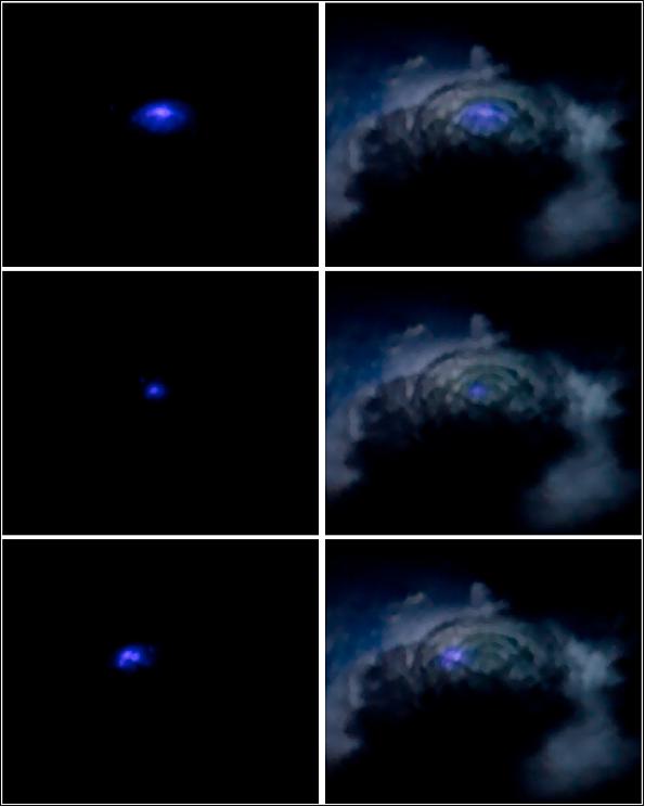 Figure 65: Blue surface discharges on the cloud top. (left column) The observed discharges; (right column) the discharges superimposed on an image of the cloud (Thor experiment science team)