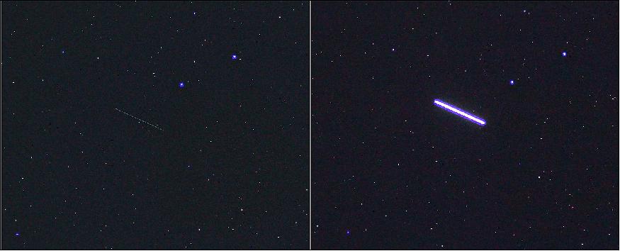 Figure 54: In a pair of excellent images created from a series of photos, the shield is seen as the very faint, thin streak (in the image at left), followed a minute later by the Station itself, seen as the thick streak (in the image at right). The shield is about 1.5 x 0.6 m, and is expected to drop from orbit and burn up in the atmosphere within a few months (image credit: Marco Langbroek, 2017)
