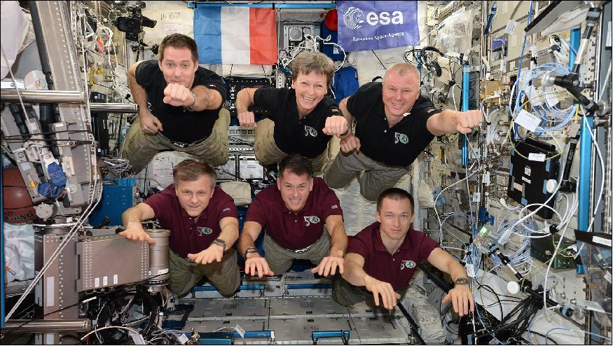 Figure 50: Expedition 50 is a record-breaking team. ESA astronaut Thomas Pesquet, NASA astronauts Shane Kimbrough and Peggy Whitson, and cosmonauts (bottom row) Oleg Novitsky, Andrei Borisenko and Sergei Ryzhikov clocked a combined 99 hours of science in the week of 6 March 2017 (image credit: ESA/NASA)