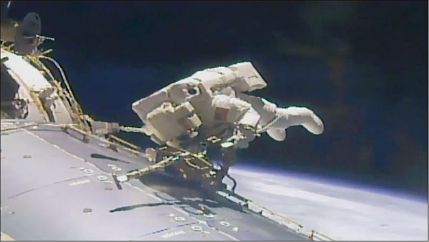 Figure 43: Astronaut Jack Fischer is tethered to the outside of the International Space Station during the 200th spacewalk to install and repair gear with astronaut Peggy Whitson (image credit: NASA TV)