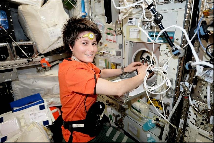 Figure 36: ESA astronaut Samantha Cristoforetti participated in the Circadian Rhythms experiment during her mission on the International Space Station in 2014–15. The sensor is a non-invasive thermometer worn on the forehead and on the sternum that continuously monitors core body temperature. Participating astronauts track temperature for 36-hour periods many times during their missions as well as before and after spaceflight (image credit: NASA/ESA) 35)