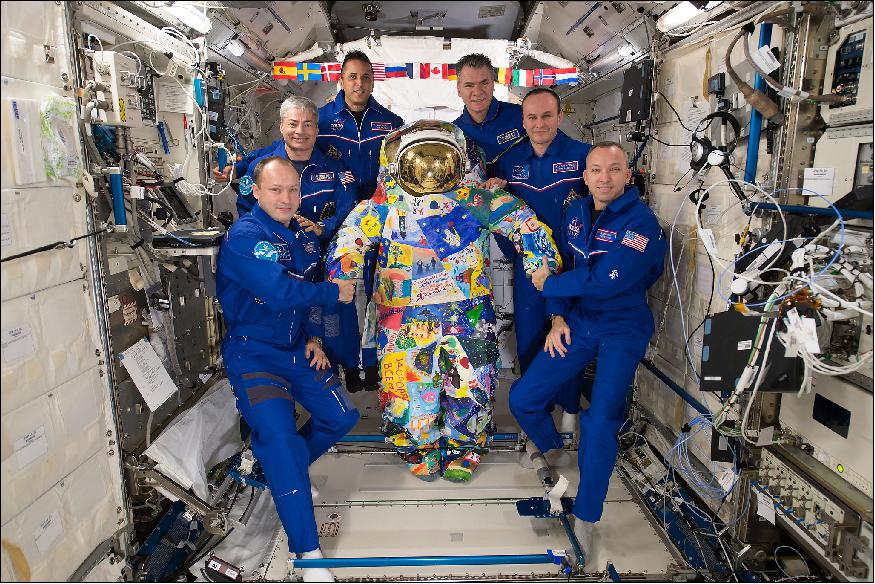 Figure 9: The six-member Expedition 53 crew poses for a portrait inside the Japanese Kibo laboratory module with the VICTORY art spacesuit that was hand-painted by cancer patients in Russia and the United States. On the left (from top to bottom) are NASA astronauts Joe Acaba and Mark Vande Hei with cosmonaut Alexander Misurkin of Roscosmos. On the right (from top to bottom) are European Space Agency astronaut Paolo Nespoli, cosmonaut Sergey Ryazanskiy of Roscosmos and Expedition 53 Commander Randy Bresnik of NASA (image credit: NASA/ESA/Roscosmos)