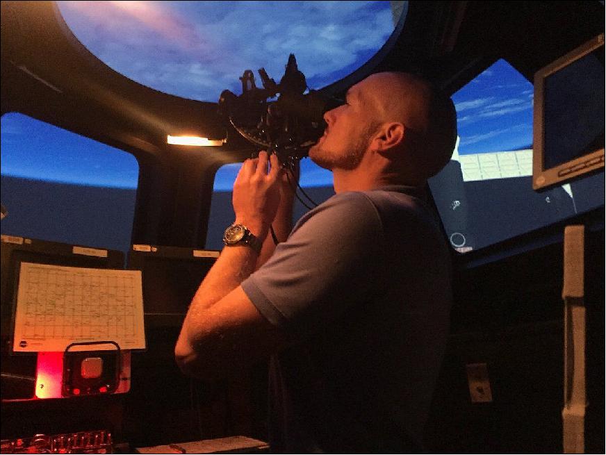 Figure 55: ESA astronaut Alexander Gerst learns how to use a sextant. "I learned how to navigate after the stars using a sextant," said Gerst. "It's actually a test for a backup nav method for Orion & future deep space missions." (image credit: NASA)