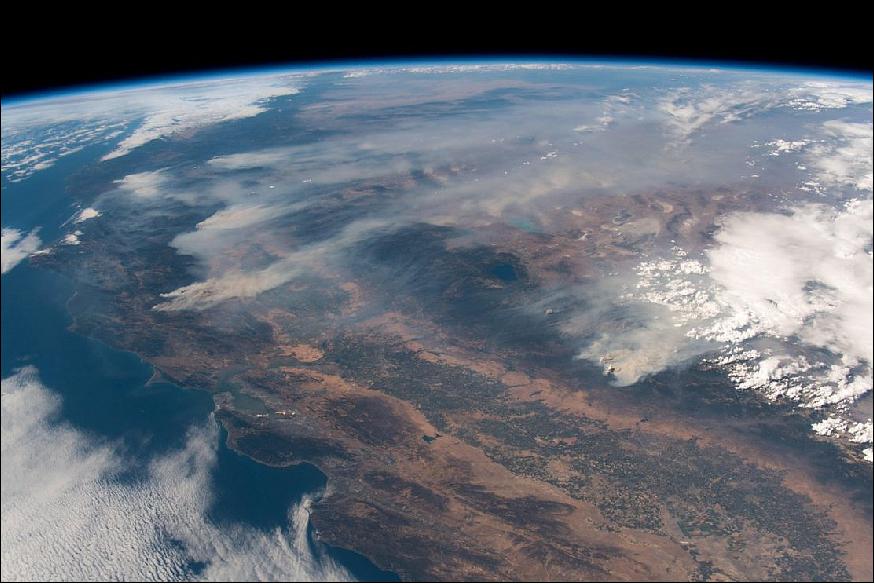 Figure 47: This image of the California wildfires was captured from the ISS by ESA astronaut Alexander Gerst and shared on his social media channels on 3 August 2018 (image credit: NASA / ESA - A. Gerst)