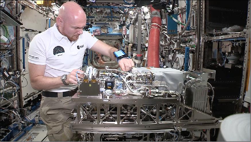 Figure 27: ESA astronaut Alexander Gerst is installing ESA's next-generation life-support system on the ISS. The new facility recycles carbon dioxide in the air into water that can then be converted into oxygen reducing supplies sent from Earth by half (image credit: NASA/ESA)