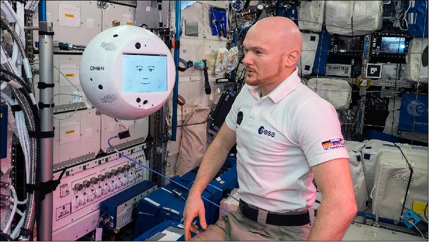 Figure 19: CIMON nd Alexander Gerst: On 1 November 2018 CIMON, a technology experiment developed and built in Germany, was used for the first time aboard the ISS. The interactive and mobile astronaut assistant is equipped with artificial intelligence and is part of the current horizons mission of the German ESA astronaut Alexander Gerst (image credit: ESA, DLR)