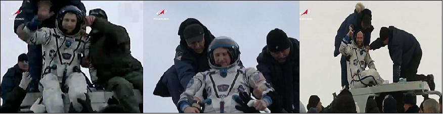 Figure 8: Expedition 57 crew members Sergey Prokopyev of the Russian space agency Roscosmos, Serena Auñón-Chancellor of NASA, and Alexander Gerst of ESA (European Space Agency) emerge one at a time from the Soyuz MS-09 that carried them home from the International Space Station Dec. 20, 2018, after a 197-day mission. The spacecraft touched down in Kazakhstan at 12:02 a.m. EST, marking the end of a voyage that took them around the globe 3,152 times, covering 83.3 million miles (image credit: NASA Television)