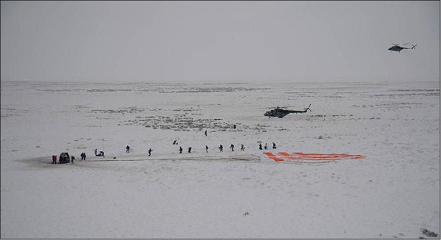 Figure 7: Russian Search and Rescue teams arrive at the Soyuz MS-09 spacecraft shortly after it landed with Expedition 57 crew members Serena Auñón-Chancellor of NASA, Alexander Gerst of the European Space Agency and Sergey Prokopyev of Roscosmos near the town of Zhezkazgan, Kazakhstan on Thursday, 20 December, 2018 (image credit: NASA, Bill Ingalls)