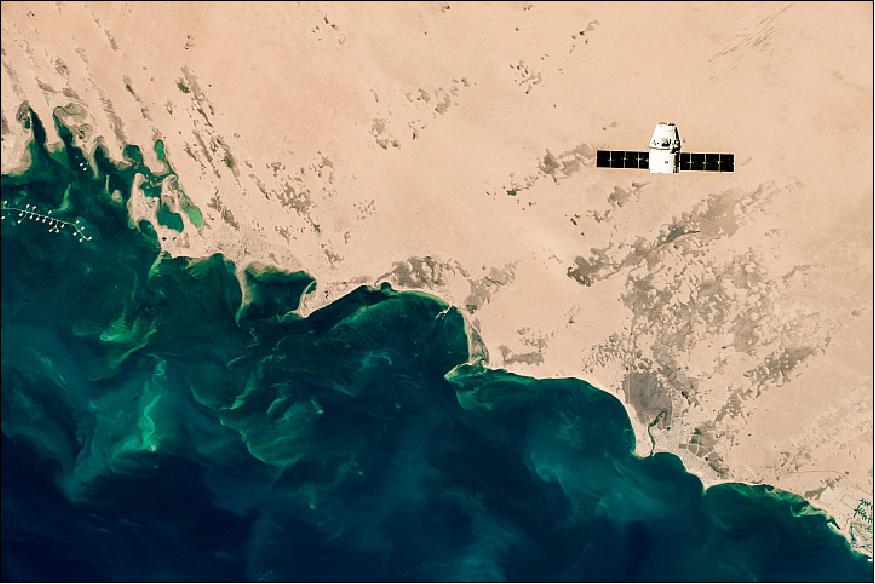Figure 4: This image, observed on 8 December, shows the Dragon capsule passing over Manifa, Saudi Arabia. Manifa is home to one of the world's biggest oil fields, a part of which is visible in the upper left of the photo. These manmade islands—each the size of 10 soccer fields— serve as "onshore" drill sites above offshore oil fields. The emerald waters also house more than 85 species of fish and 50 species of coral (image credit: ISS photograph by Alexander Gerst, ESA/NASA, story by Kasha Patel)