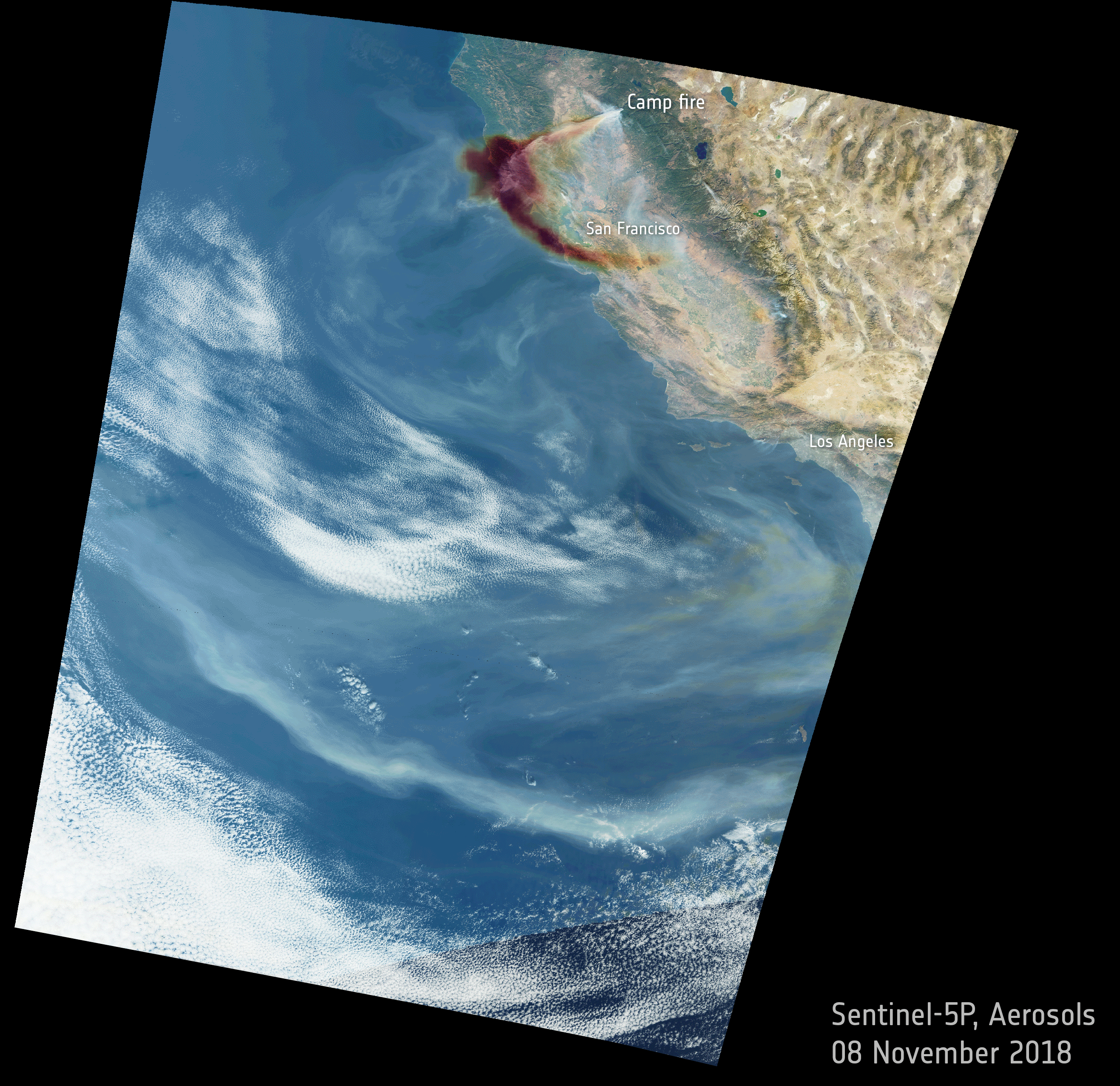 Figure 4: California's Camp Fire has been one of the state's most destructive. This animation uses data from different Copernicus Sentinels to show the spread of aerosols and smoke (image credit: ESA, the image contains modified Copernicus Sentinel data (2018), processed by ESA)
