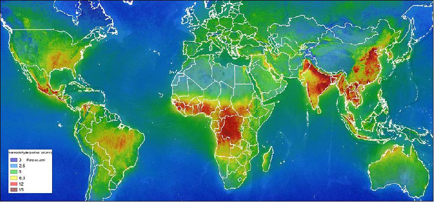 Figure 5: Measurements gathered by the Copernicus Sentinel-5P mission between January and August 2018 have been averaged to reveal formaldehyde in the atmosphere. This map is based on ‘vertical column' concentrations. This air pollutant is released into the atmosphere from forest fires and wood processing, for example. It is an important intermediate gas in the oxidation of methane and other hydrocarbons. While it is short-lived in the atmosphere, it reacts chemically to become a major source of carbon monoxide – another harmful pollutant (image credit: ESA, the image contains modified Copernicus data (2018), processed by BIRA–IASB/DLR)