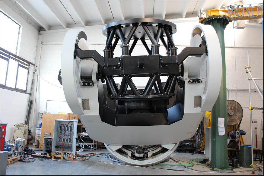 Figure 4: The equatorial mount that will hold the Flyeye telescope orients the direction of view around the right ascension and the declination axis – the celestial coordinates. By doing so, it compensates for the rotation of the Earth by movement of one axis only and avoids image rotation during exposures (image credit: OHB Italia)