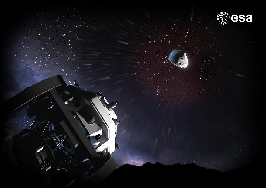 Figure 1: Artist's rendition of the Flyeye telescope spotting an asteroid in the night sky (image credit: ESA, A. Baker) 3)