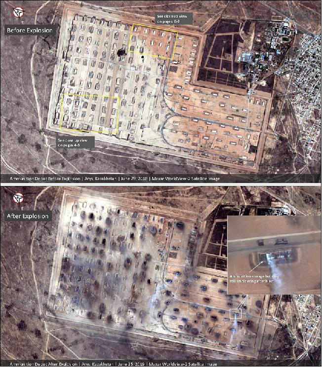 Figure 6: WorldView-2 images of the ammunition depot explosion before and after the event near the Kazakhstan city of Arys (image credit: Maxar Technologies)