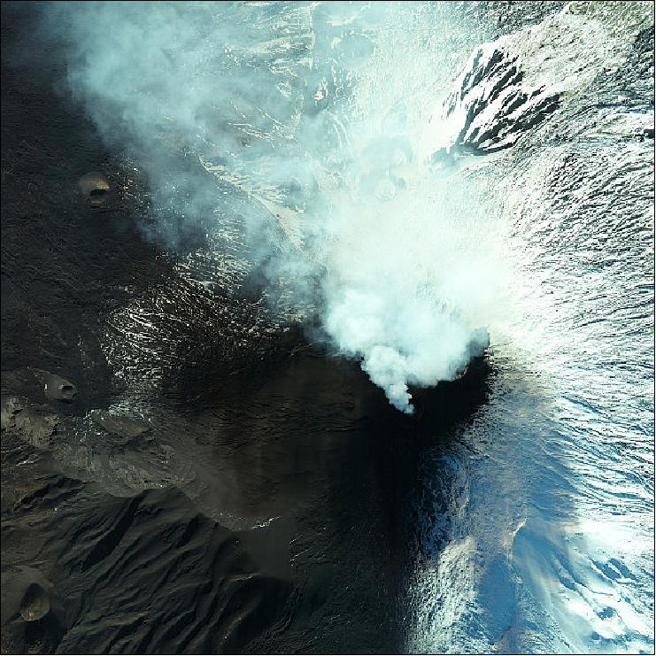 Figure 11: WorldView-2 satellite captured the fumarole plumes of smoke and gas of Mount Etna that continue to spout from the crater shortly after the eruption on December 3, 2015.