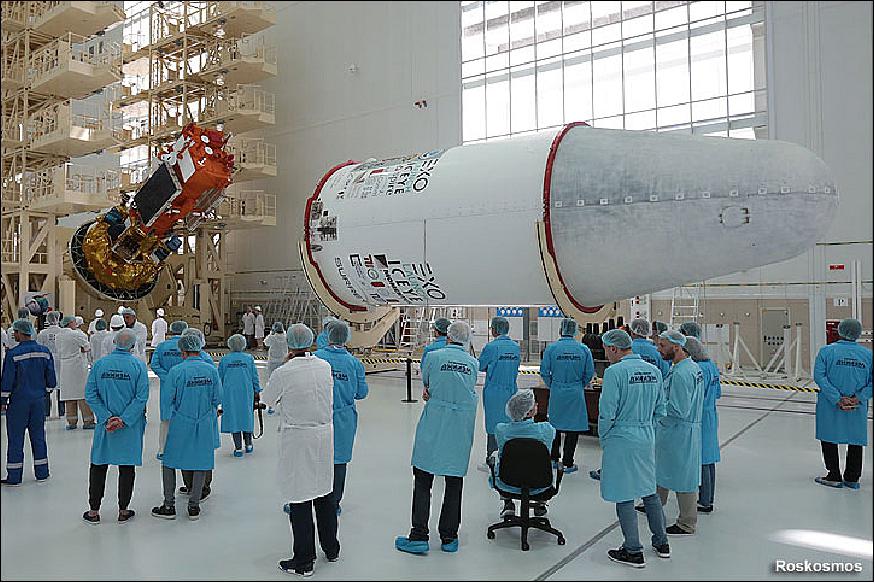 Figure 2: The payload section with Meteor-M2-2 and secondary satellites is being prepared for integration with its payload fairing on June 27, 2019 (image credit: Roskosmos, Anatoly Zak)