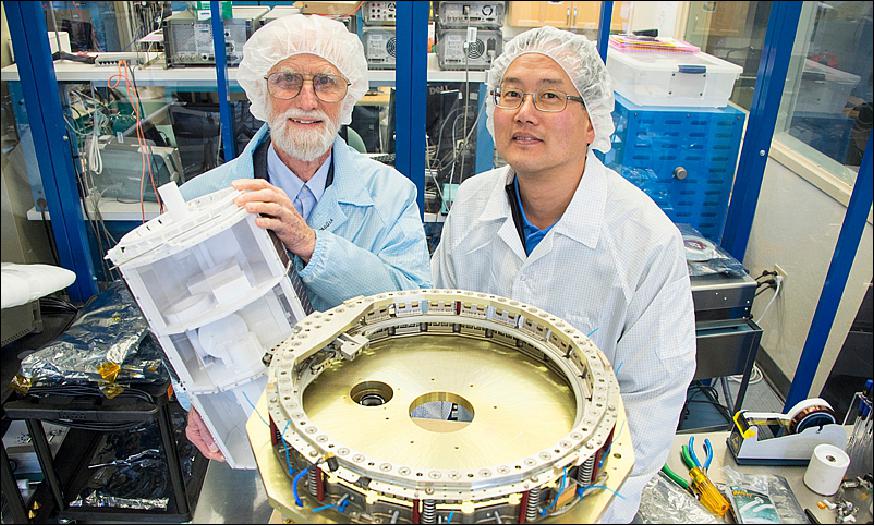 Figure 6: Space Systems Academic Group Chair Dr. Rudy Panholzer, left, and Research Associate Dan Sakoda stand near one of several structural pieces to NPSAT-1 in the university’s clean room in Bullard Hall, Jan. 11. The satellite is the product of years of student and faculty research and will carry several experiments from both NPS and the Naval Research Laboratory into orbit when it launches later this year (image credit: NPS, Kenneth A. Stewart)