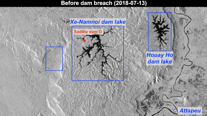Figure 8: Sentinel-1 images show the impact of the dam failure on the Xe-Pian Xe-Namnoy lake area in the southeastern province of Attapeu in Laos (image credit: ESA, the imagery contains modified Copernicus Sentinel data (2018) / processed by CESBIO) 10)