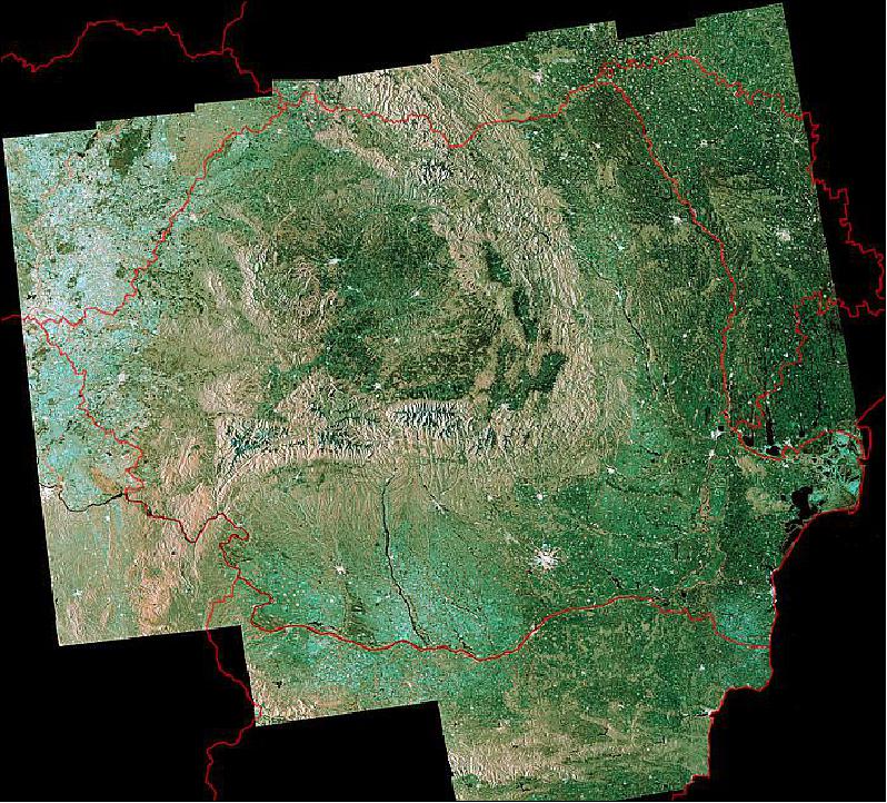Figure 100: Sentinel-1A radar image of Romania. The scans were acquired in ‘dual polarization’ horizontal and vertical radar pulses, from which the artificial color composite was generated [image credit: Copernicus data/ESA (2014)]