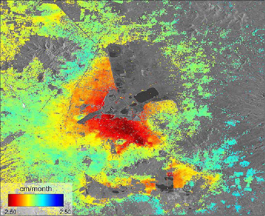 Figure 99: Radar images from the Sentinel-1A satellite show ground movement in Mexico City, with some areas sinking up to 2.5 cm/month (image credit: Copernicus data (2014)/ESA/DLR Microwave and Radar Institute–SEOM InSARap study)