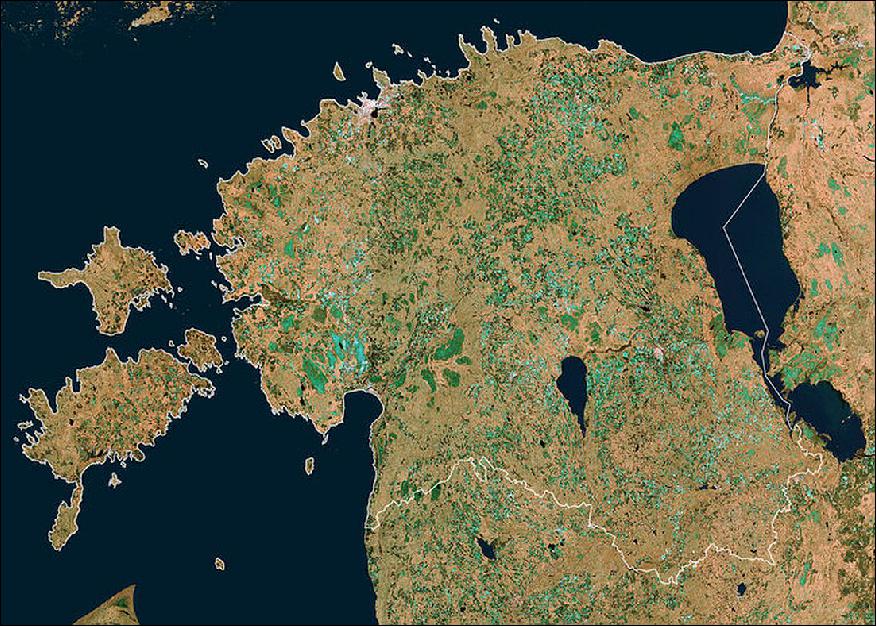 Figure 95: Sentinel-1A SAR mosaic of Estonia acquired in 8 scans from October to December 2014; the scans were recorded in ‘dual polarization’ horizontal and vertical radar pulses, from which the artificial color composite was generated (image credit: Copernicus data, ESA)
